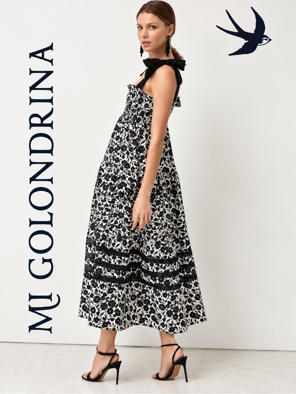 Mi Golondrina Valeria Black & White Floral Maxi Dress Size S